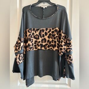 Umgee Leopard Colorblock Top XL Boutique Oversized Boho Comfy Pullover